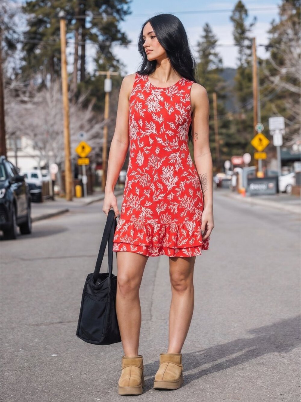 Michael Kors Red White Coral Reef Sleeveless Tank Mini Dress Ruffle Stretch M